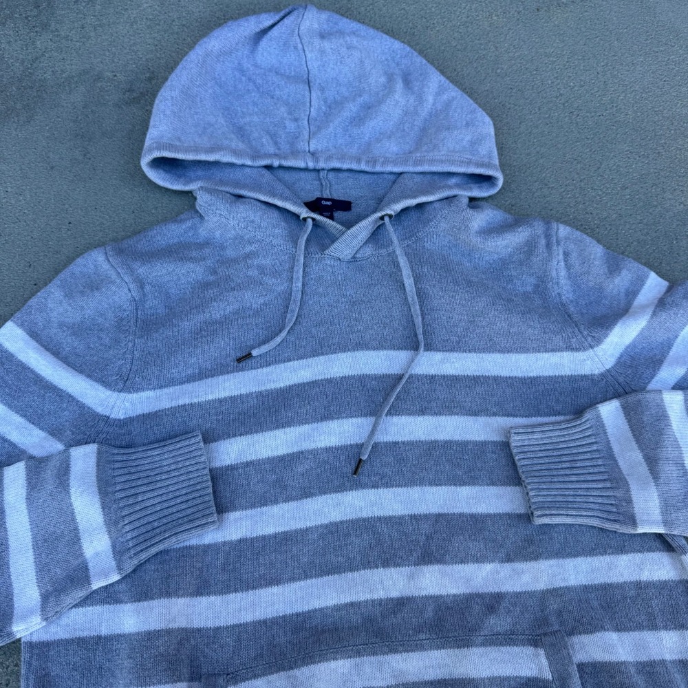 Gap Mens Large Grey White Striped 100% Cotton Knit Hoodie Pullover